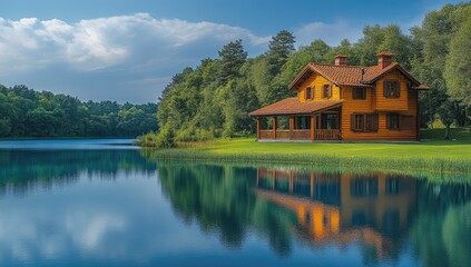 Obraz premium Lakeside house, tranquil summer day, forest background, real estate