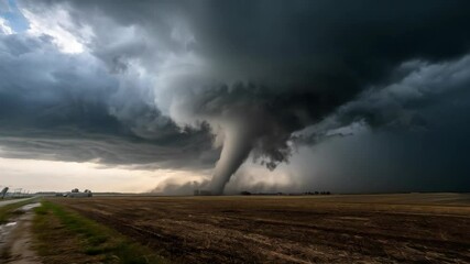 Powerful tornado touching down in a rural landscape underneath a swirling dark storm cloud formation - Powered by Adobe