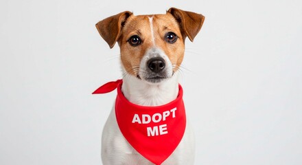 A jack russell terrier wearing a red bandana with adopt me printed on it against a white background
