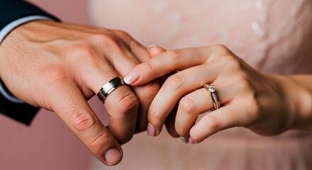 Close up of hands with wedding rings on fingers showing commitment and love for one another forever