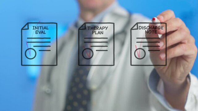 Medical professional signing virtual documents using digital pen on transparent board, representing innovative healthcare technology and streamlined clinical documentation process