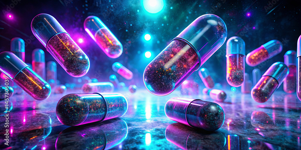 Aufkleber capsules filled with sparkling substances hover in a colorful, cosmic environment. bright lights ill