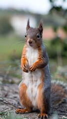 A cute squirrel standing on its hind legs, looking directly at the camera.