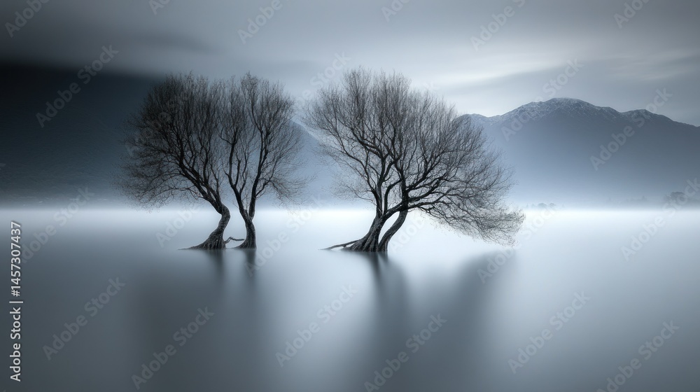 Aufkleber two trees standing in a lake with distant mountains in the background