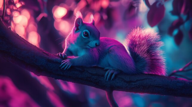 Squirrel Serenity in a Dreamscape: A vibrant squirrel finds rest on a branch bathed in a surreal glow, evoking a sense of peace and wonder. 