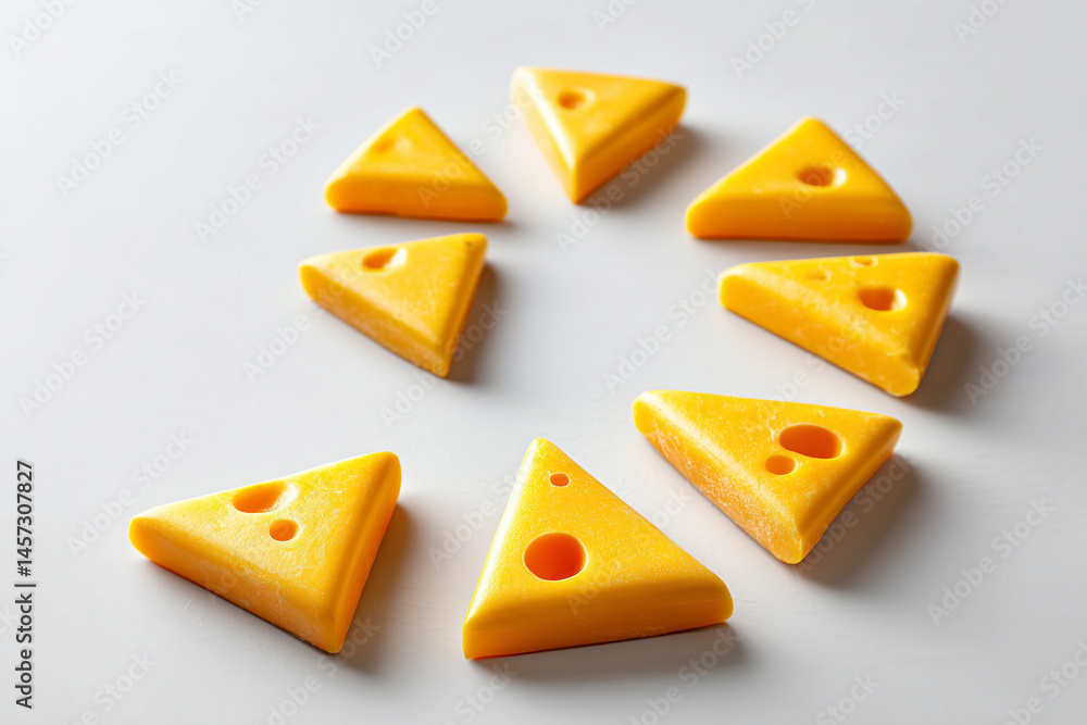 Poster cheese triangles are creatively arranged in a spiral pattern on a clean white background. this minim