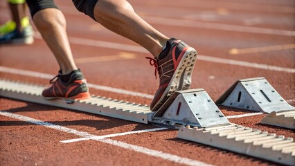 A close-up shows athletes' legs and starting blocks on a red running track, poised for a race