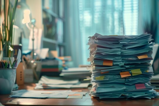 Collection of business analytics charts and graphs stacked on each other on paper on desk in office