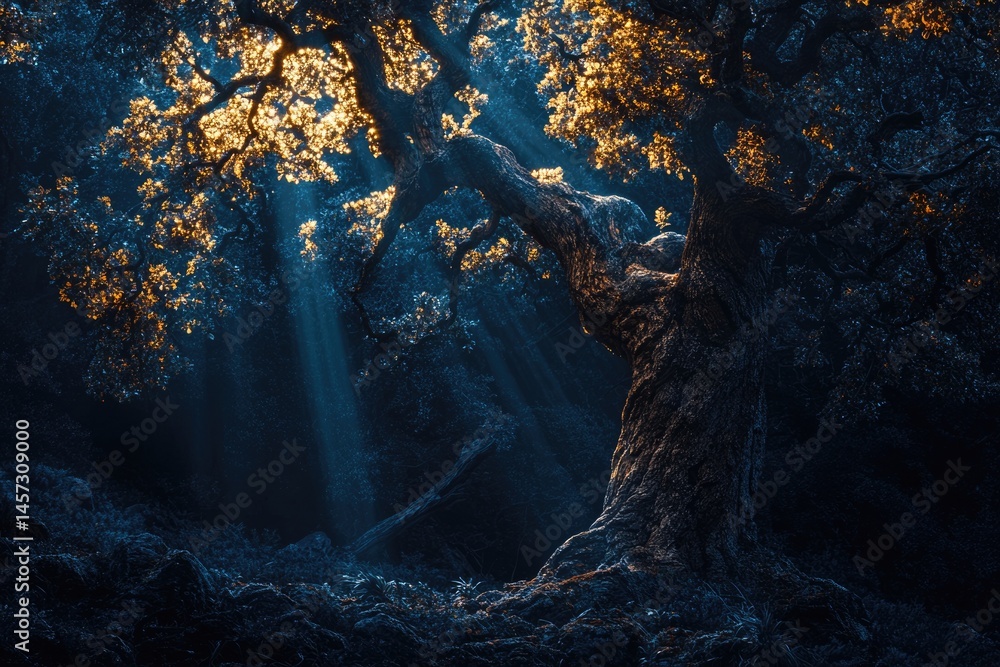 Poster an ancient tree in a dark forest is illuminated by golden light filtering through its leaves, creati
