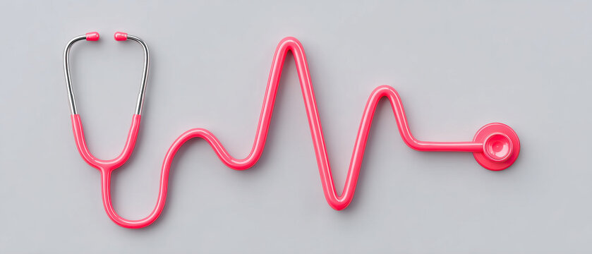 Stylized pink stethoscope shaped like heartbeat line on light gray background, symbolizing health and medical care