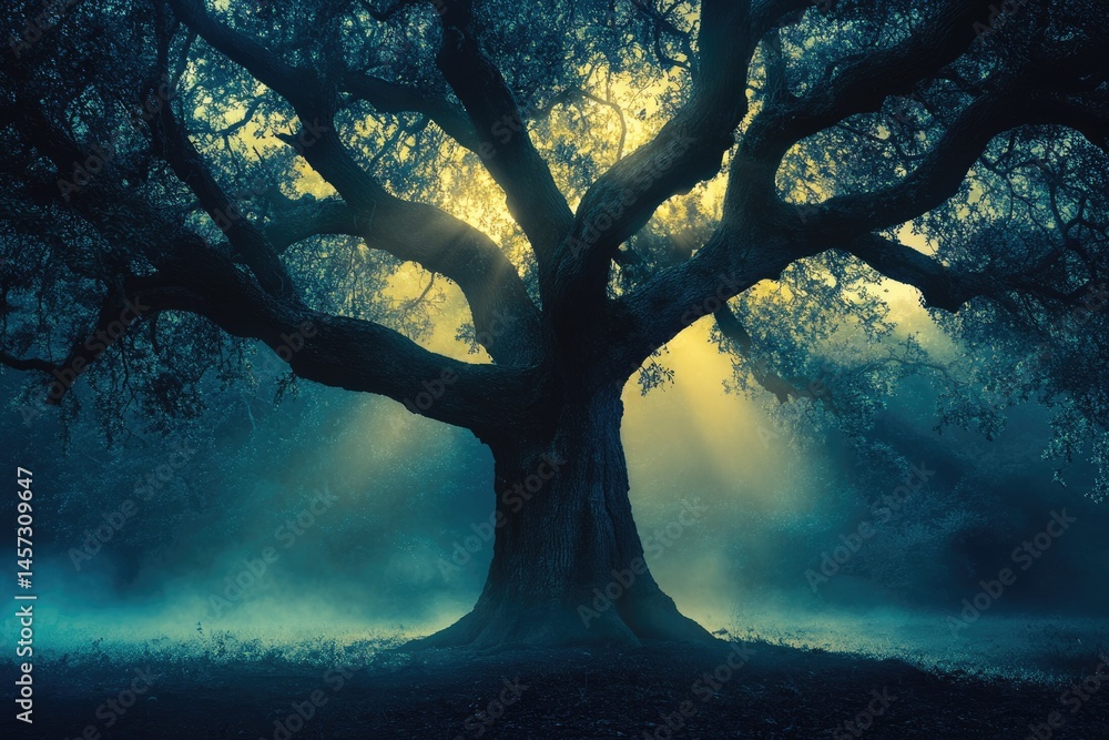Poster a large, old tree stands majestically in a misty forest, with sunlight filtering through its branche