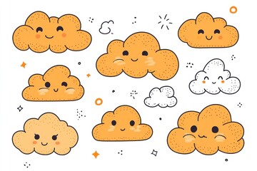 Collection of cartoonish, smiling, orange fluffy cloud illustrations