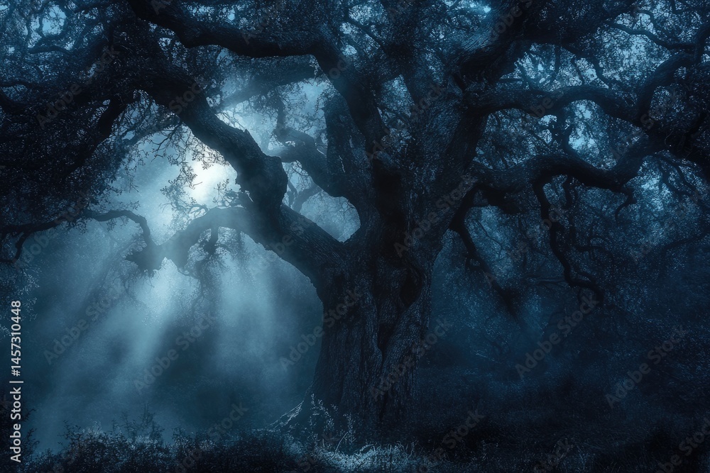 Poster a large tree with intricate branches stands in a foggy, ethereal forest illuminated by moonlight.