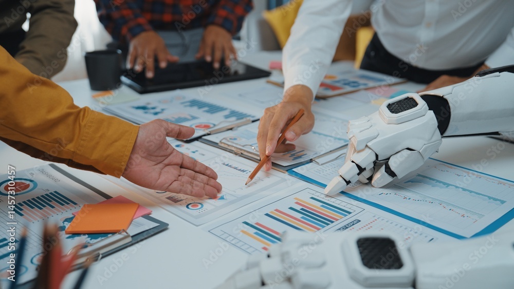 Poster a dynamic business meeting showcasing human and robotic hands engaging with data reports and growth 