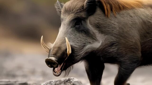 Enraged boar charges across open terrain with determination, its large tusks visible and mouth agape, dirt kicking up behind its powerful legs, furious