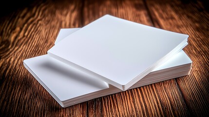 Fototapeta premium Stacked blank sheets of paper on a wooden surface, ready for creative projects or notes
