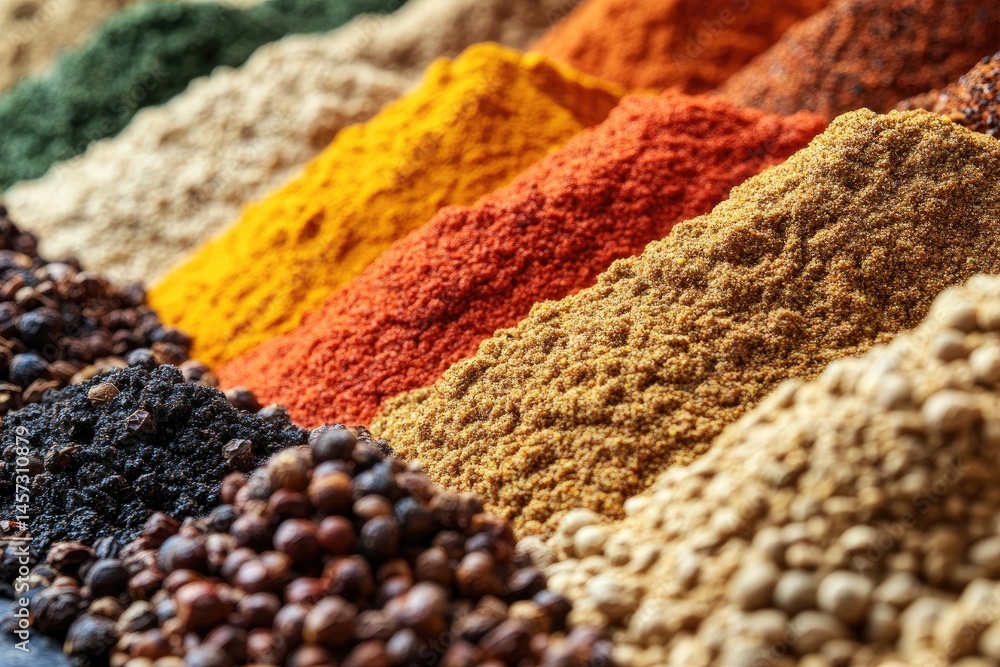 Poster assorted colorful culinary spices arranged in attractive parallel rows