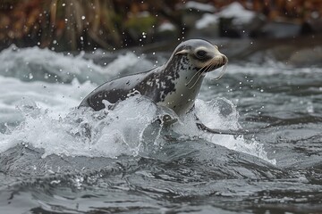 A spotted seal creates a splash while emerging from water