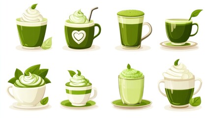Various matcha lattes and beverages, artfully arranged