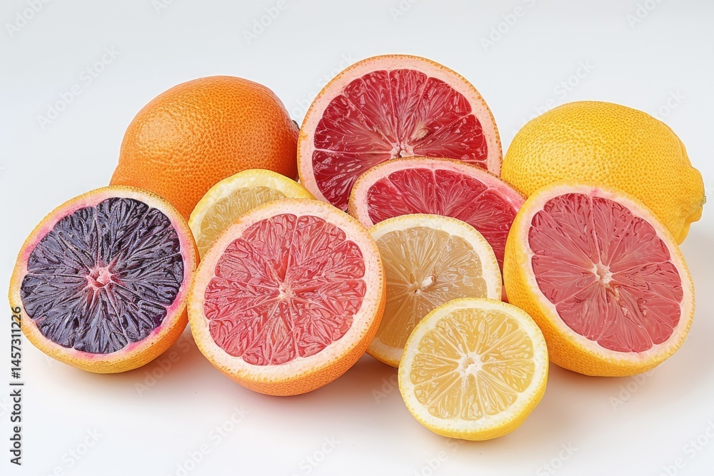 Poster assortment of citrus fruits sliced open and stacked together on display