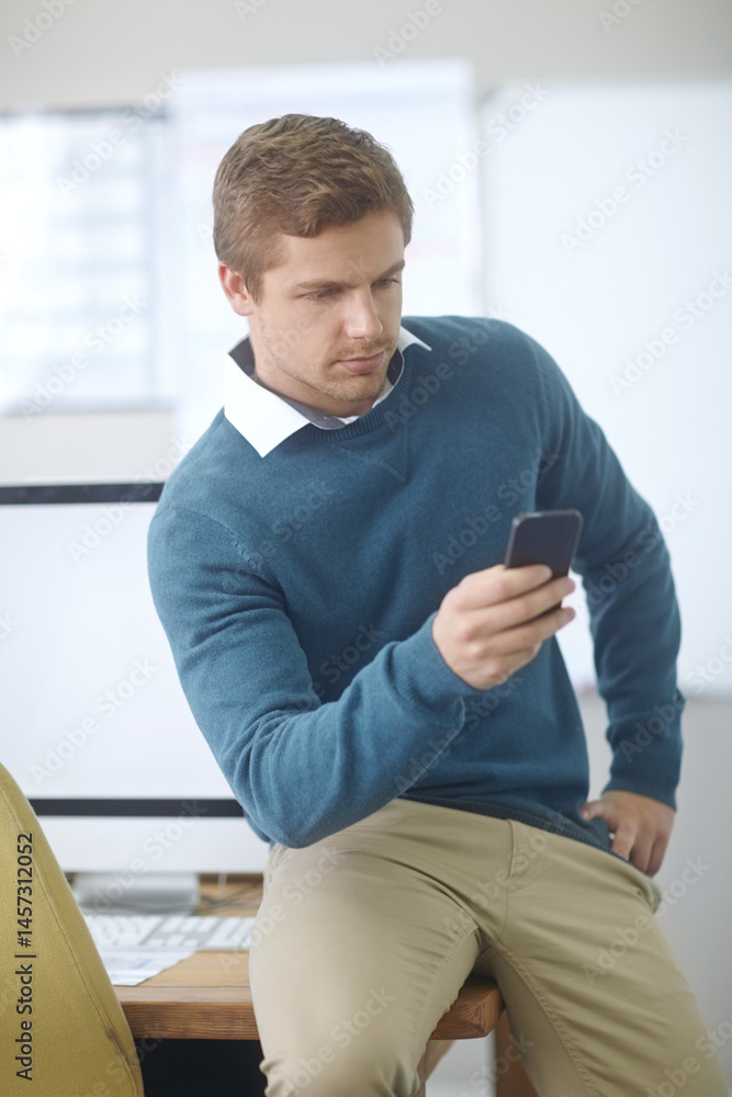 Poster business, office and man at desk, smartphone and typing with social media, online reading and digita