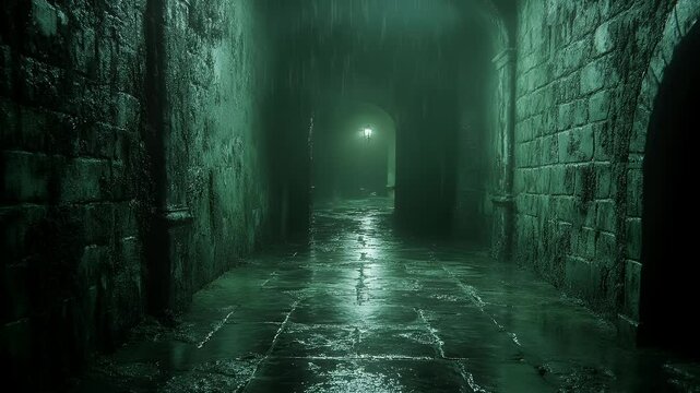 Dark Stone Tunnel with Rain and Dim Light in a Mysterious and Gloomy Atmosphere