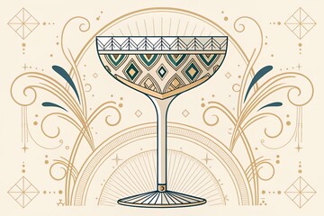 2D Art Deco champagne glass illustration with symmetrical patterns intricate linework timeless sophistication