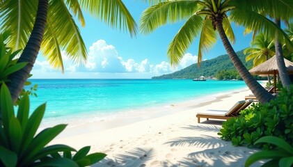 Lush greenery frames a sun-drenched beach. Azure waters., scenic, calm, light