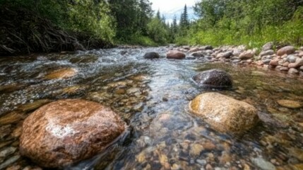 A small flowing river with rocks and green forest surroundings