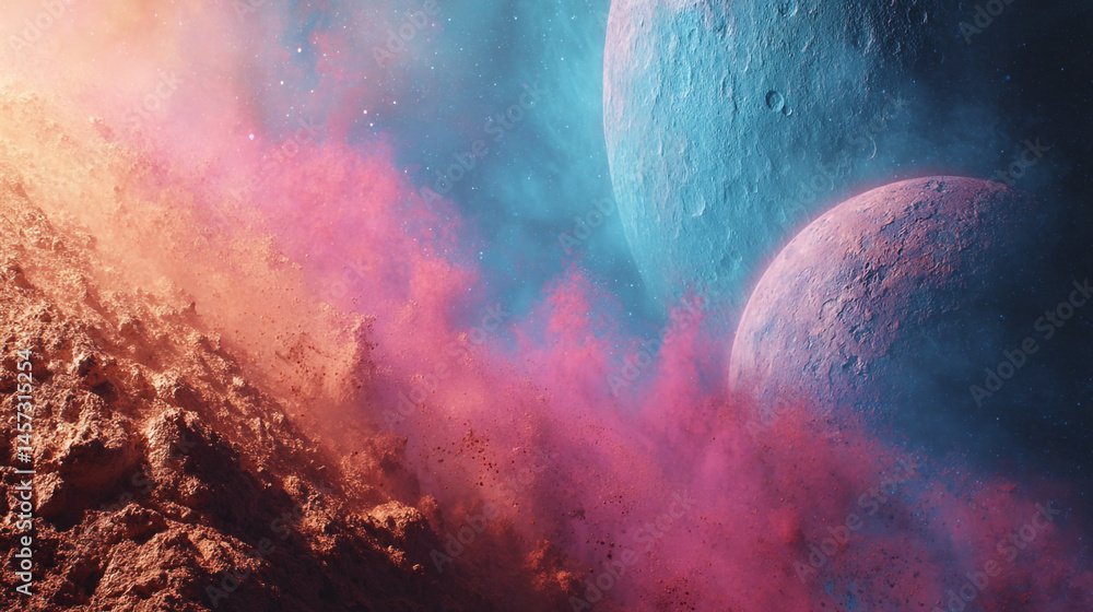 Poster a view of two planets with a nebula and rocky terrain in a colorful space background scene art