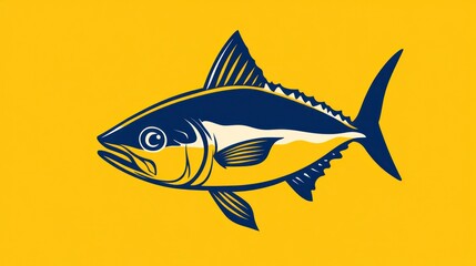 Naklejka premium A vibrant illustration of a stylized tuna fish with dark blue detailing, set against a bright yellow background