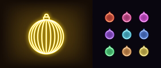 Outline neon bauble icon. Glowing neon striped ball decoration icon, hanging bauble for Christmas tree. Hanging ball toy with striped pattern, holiday decoration, festive decor. Vector icon set