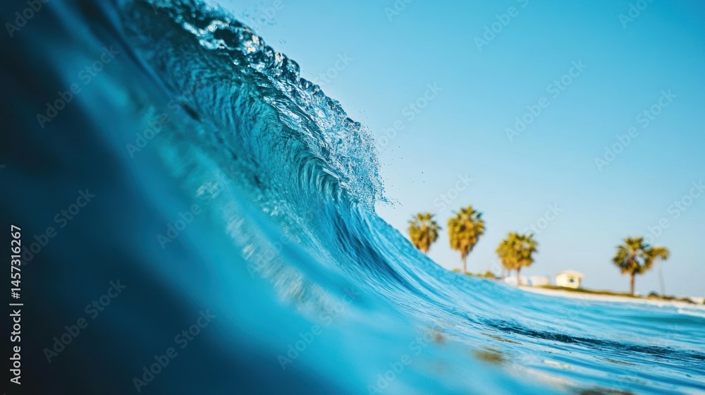 Poster a close up of a transparent ocean wave with palm trees