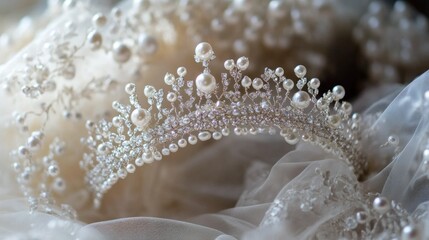 A sparkling pearl and crystal tiara sits on delicate lace fabric