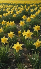 Obraz premium Sunlit daffodils burst forth in vibrant yellow across a verdant field , garden, photography