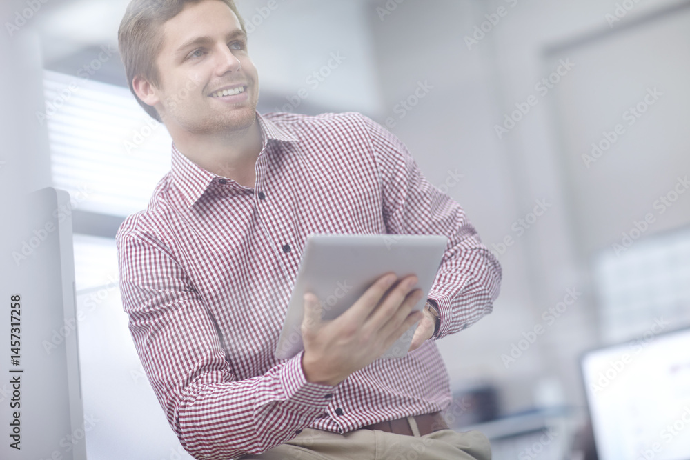 Poster office, businessman and thinking with tablet for research, online website and working with ideas. ma