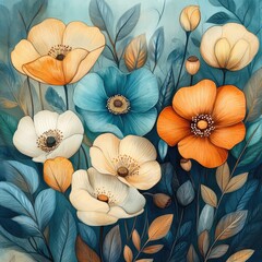 Vibrant floral bouquet of various colors, including orange, blue, and cream, displayed in a detailed artistic style.  Soft, textured petals and leaves create a gentle, dreamy atmosphere