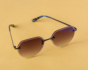 dark glasses with metal frame on yellow background