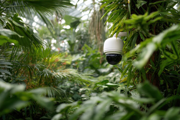 Surveillance camera mounted on a wooden structure amidst lush tropical vegetation and palm leaves. Various shades of green foliage create a dense and vibrant natural setting