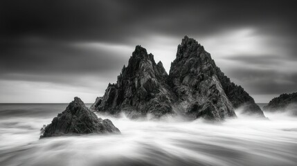 Fototapeta premium Jagged rocks emerging from the ocean waters under a cloudy sky