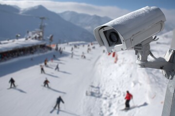 Fototapeta premium Security camera covered in snow overlooks a busy ski slope with various skiers enjoying a snowy day. Blurred background features snowy mountains under an overcast sky