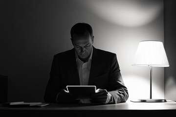 A man in a suit is intently focused on a glowing tablet in a dimly lit room, next to a lamp.