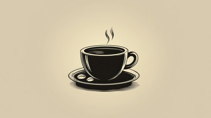 Obraz premium Steaming cup of dark coffee on a saucer with coffee beans. Warm and cozy drink