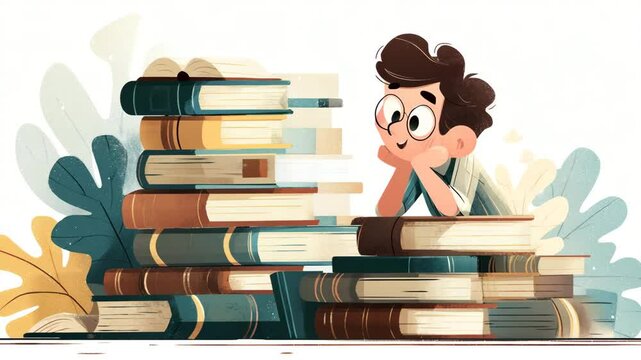 Boy Admiring Stacks of Books in Whimsical Illustration