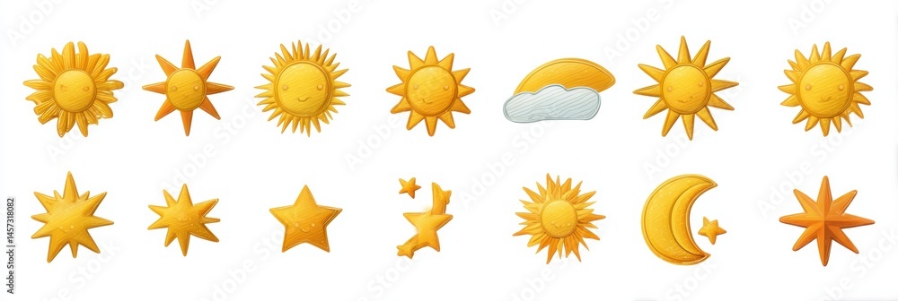 Poster bright yellow sun icon set featuring various styles and designs suitable for vibrant graphics and ar