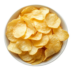 Crispy golden potato chips in a white bowl on transparent background, snack concept