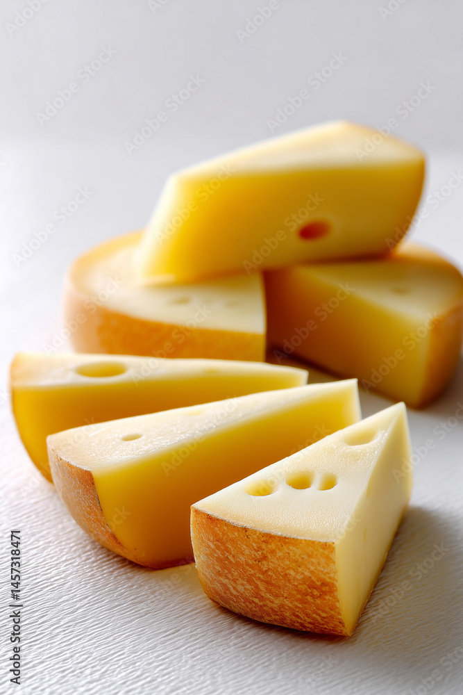 Aufkleber gouda slices overlapping with visible wax edges create a minimalist composition on white backdrop. c