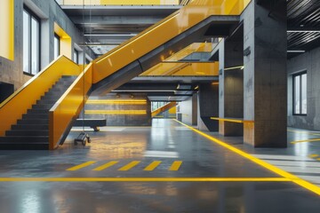 Obraz premium Interior of a modern industrial building with metal structures and yellow markings