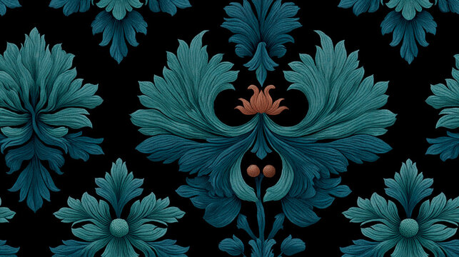  Seamless teal pattern by ghotic style on black background.