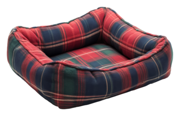 Red and blue plaid pet bed on transparent background with cozy design